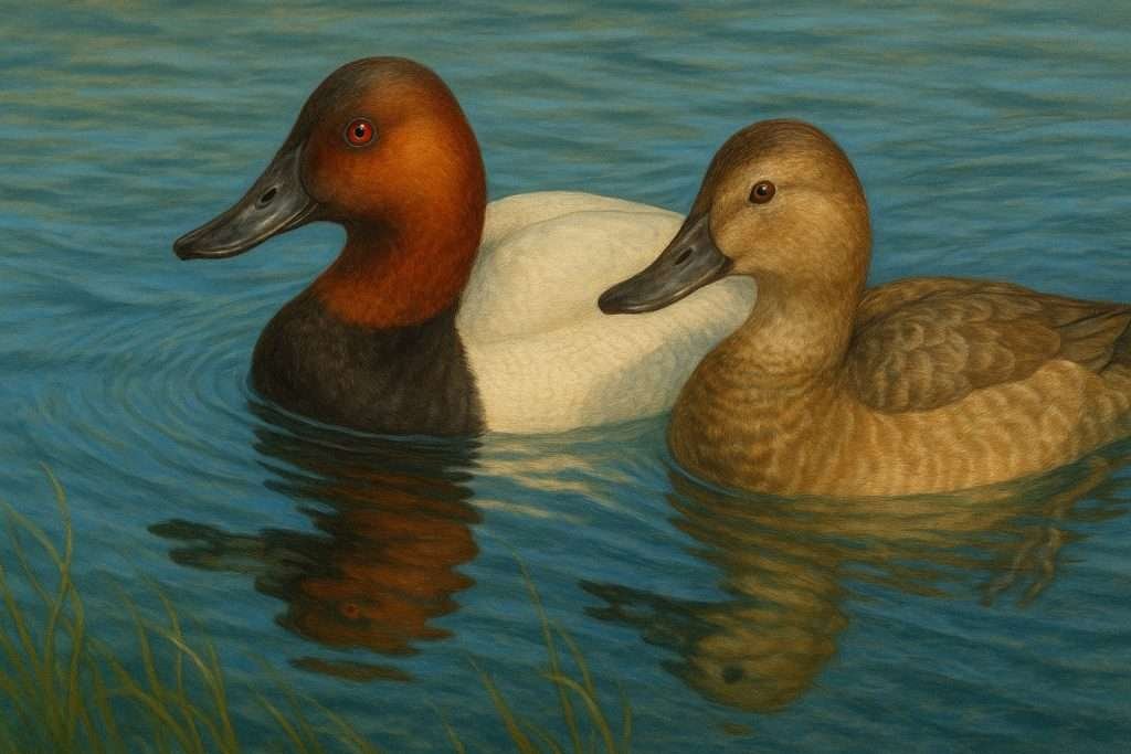 Male Canvasback Duck and female Canvasback Duck.